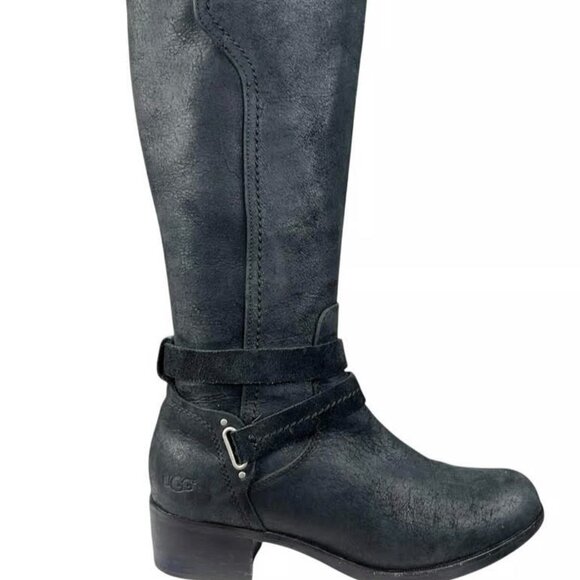 UGG Australia Darcie Black Leather Knee High Round Toe Riding Boots Size 7.5 - Picture 1 of 7